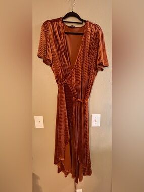 Simple Copper Velvet High-Low Wrap Dress